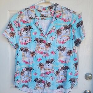 Tommy Bahama Hawaiian Shirt Aloha Print Palms Hibiscus Blue L G